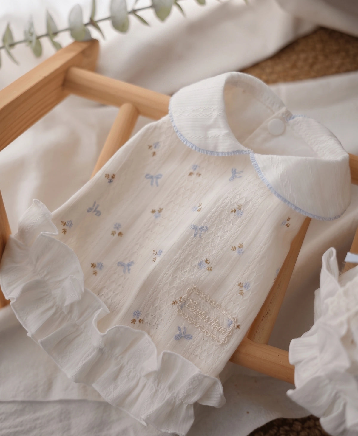 Blue Wind Chime Embroidered Ruffle Shirt