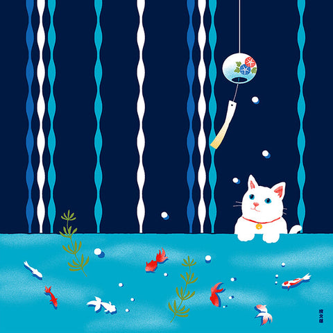 Hamamonyo Cat & Goldfish Summer Art Furoshiki – 50cm