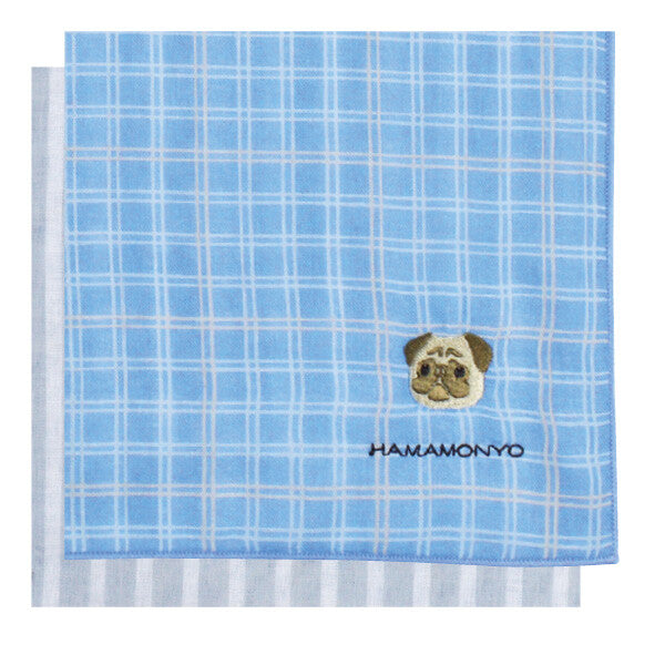 Hamamonyo Pug & Double Check Reversible Gauze Handkerchief